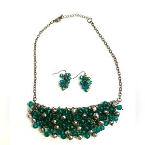 Gun Metal & Dark Green Beaded Necklace & Earrings